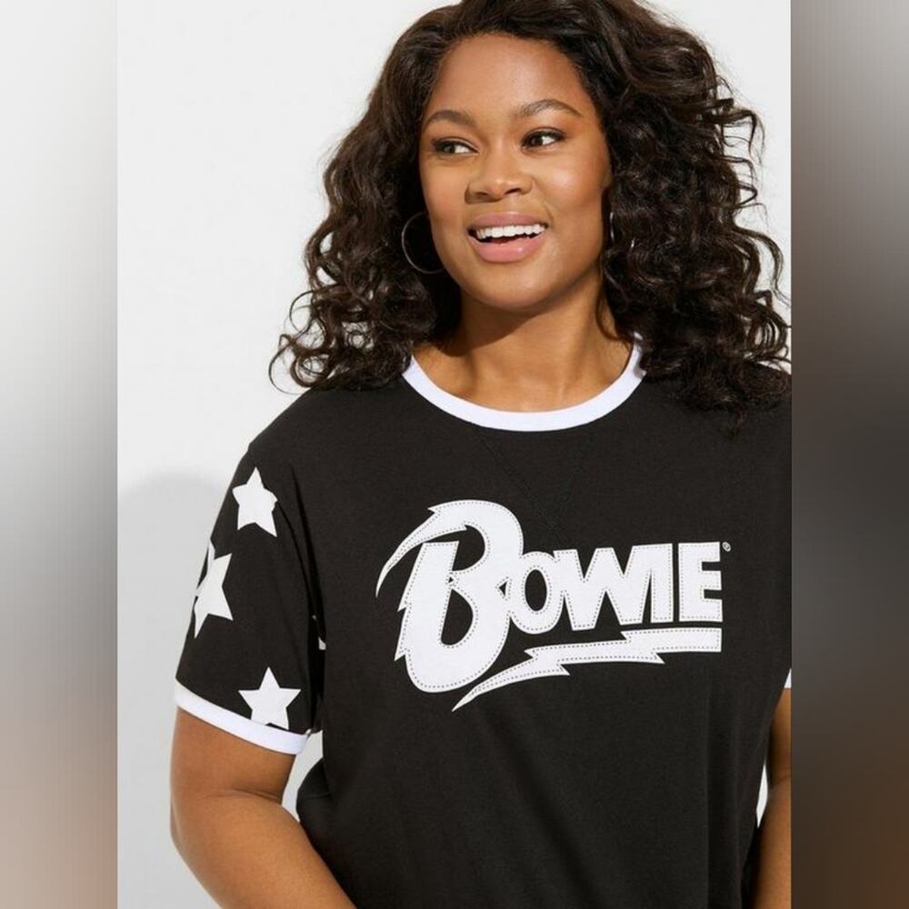 New Torrid 1X David Bowie star print ringer tee, black & white